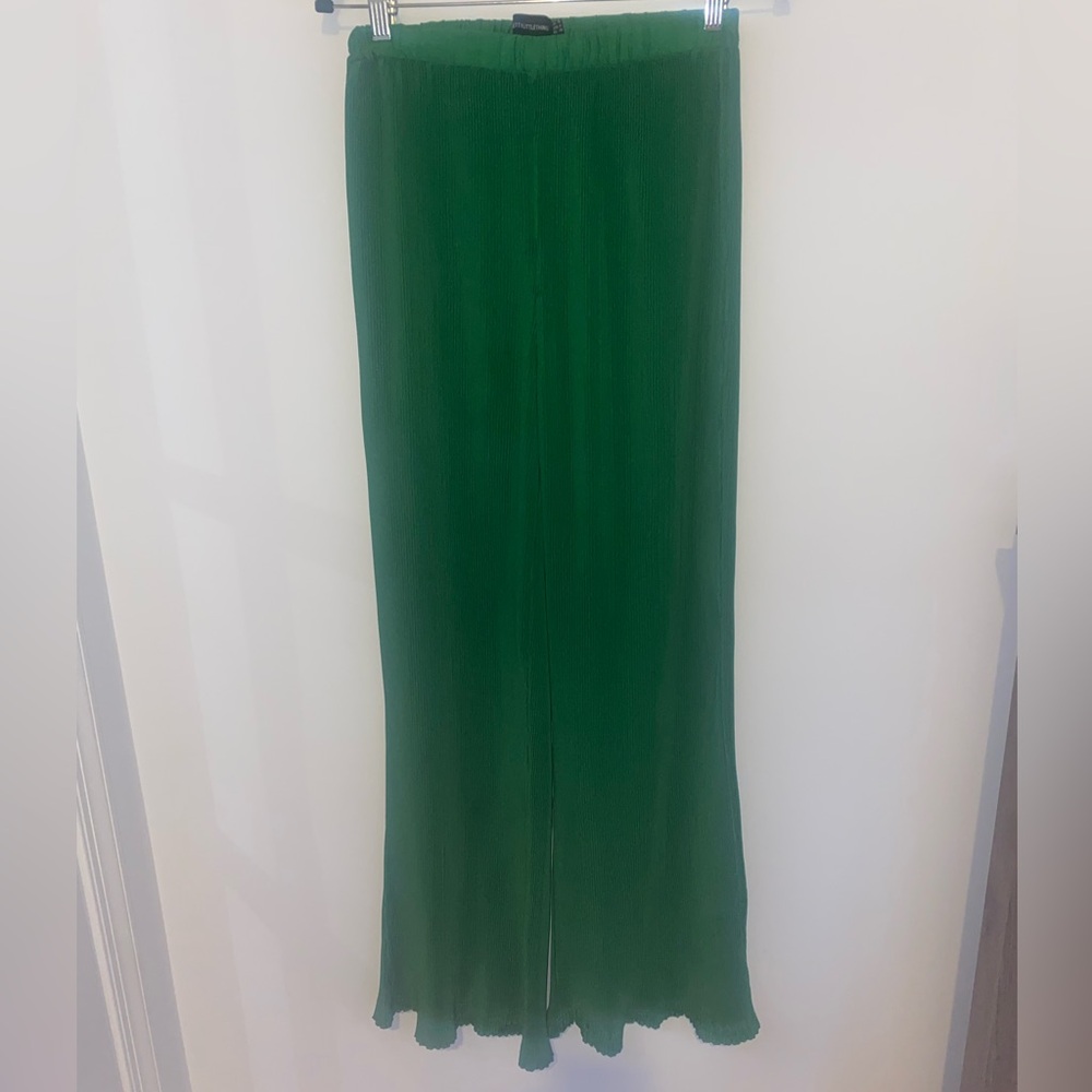 PrettyLittleThing Plisse Wide Leg Pants Green High Waisted Flowy Lounge Size 6 - Picture 6 of 14